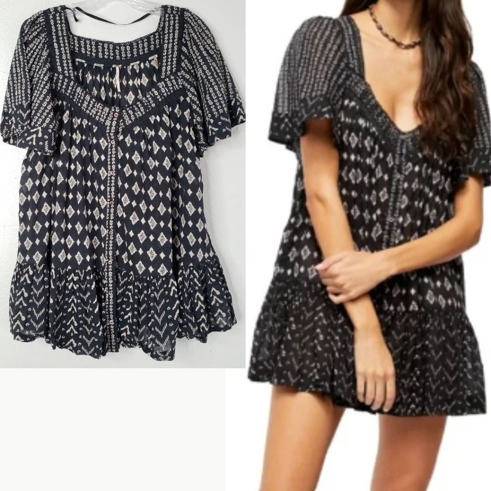 Free People Tunic Dress Small Black Aztec Print Button Front Flowy Boho Mini
